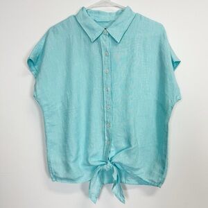Talbots Blouse Women Medium Blue Button Up Tie Front Waist Short Sleeve Linen